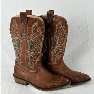 Bandalero Western Cowboy Boots Brown‎ Faux Leather Turquoise Stitching Size 10M